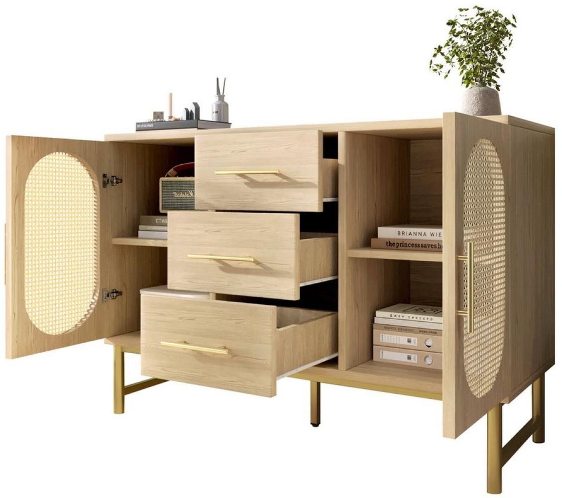 BlingBin Kommode Sideboard (1 St, Rattan komodenschrank mit 3-Schubladen und 2-Rattan-Türer), Verstellbare Regale, Kippschutz, 120 x 40 x 74 cm Bild 1