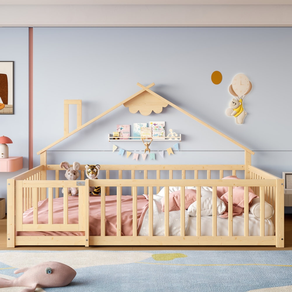 Kinderbett Flachbett mit Haus-Design & Geländer, 140x190 cm, ohne Matratze, Kiefer Natur Bild 1