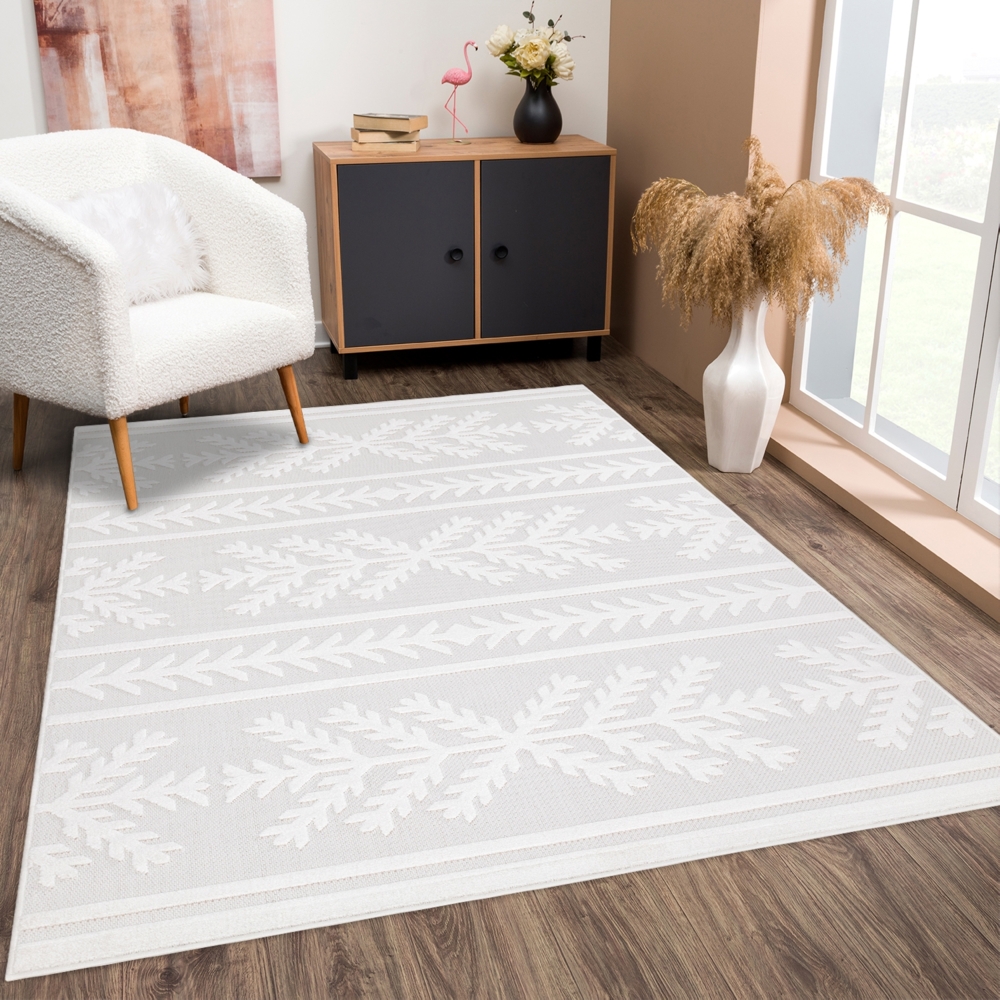 Teppich Wohnzimmer - Creme 240x340cm - Ethno Optik - Boho Teppiche für Balkon Terrasse Garten - Hochtief 3D Effekt - Indoor Outdoor Schlafzimmer Esszimmer Bild 1