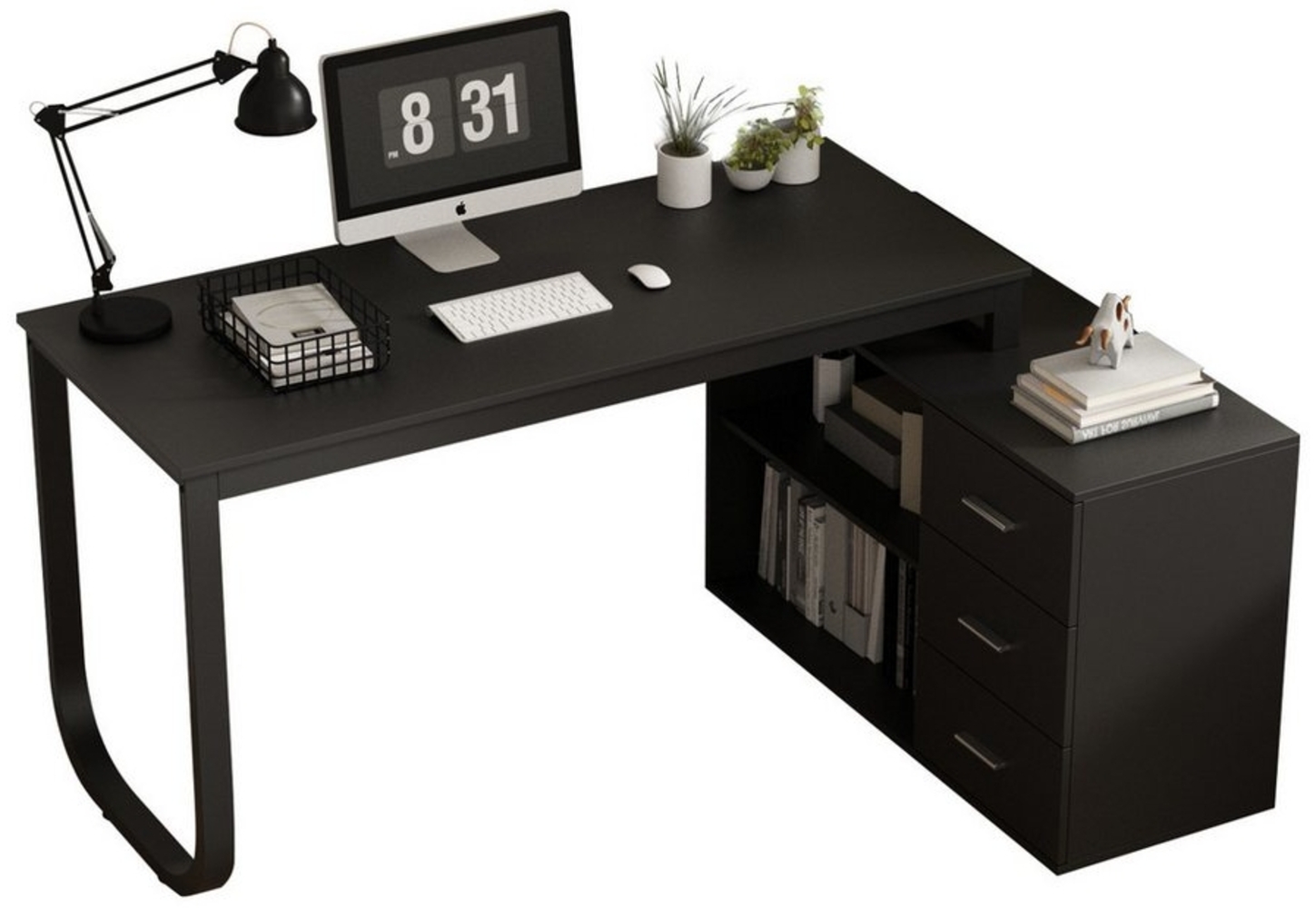 FUFU&GAGA Eckschreibtisch 130 cm L Förm Computertisch mit 3 Schubladen & 2 Regalen Bild 1