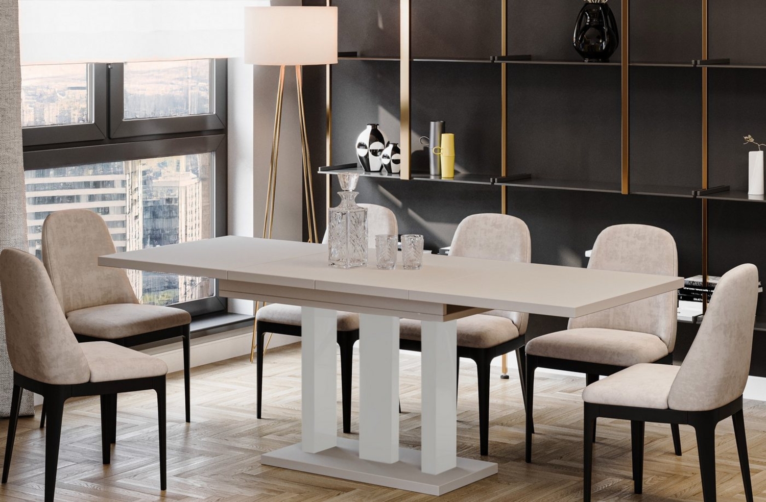 Endo-Moebel Säulen-Esstisch "Appia White" 130-210cm ausziehbar erweiterbar, Für bis zu 8 Personen, Weiße Beine Bild 1