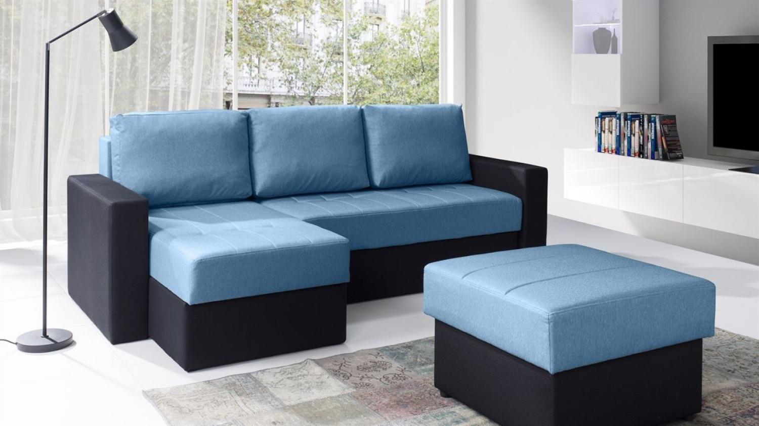 Ecksofa Schlafsofa LABRI inkl. Hocker Schwarz / Hellblau Ottomane Links Bild 1