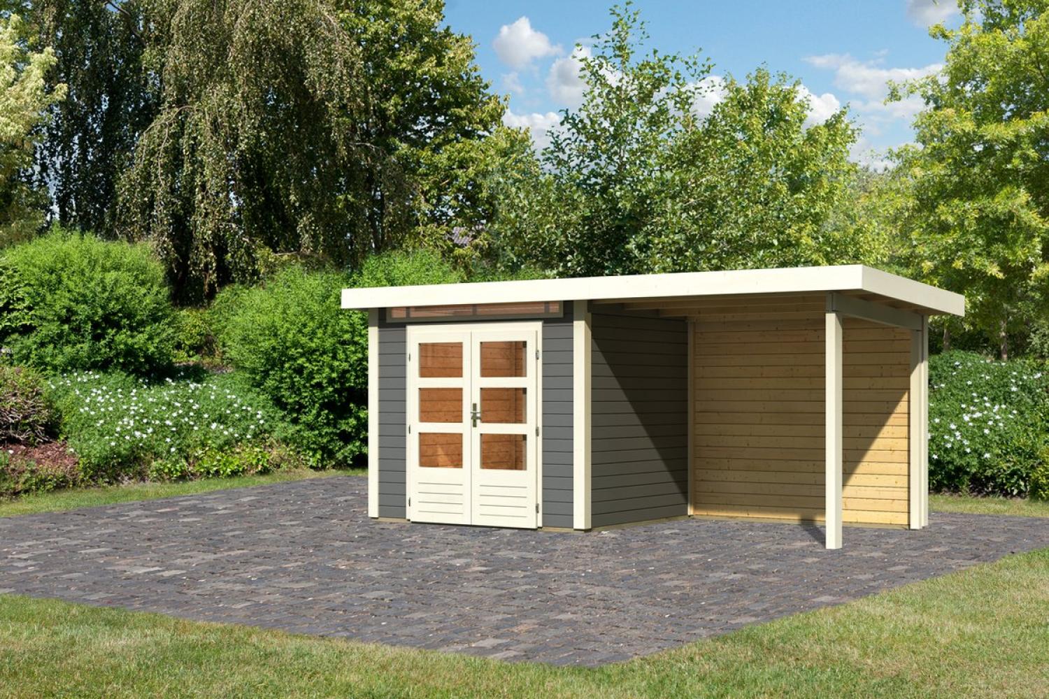 Gartenhaus Kandern 2 - 244x204 cm mit Anbaudach 2,35 m und Rückwand, 28 mm terragrau, Karibu Bild 1