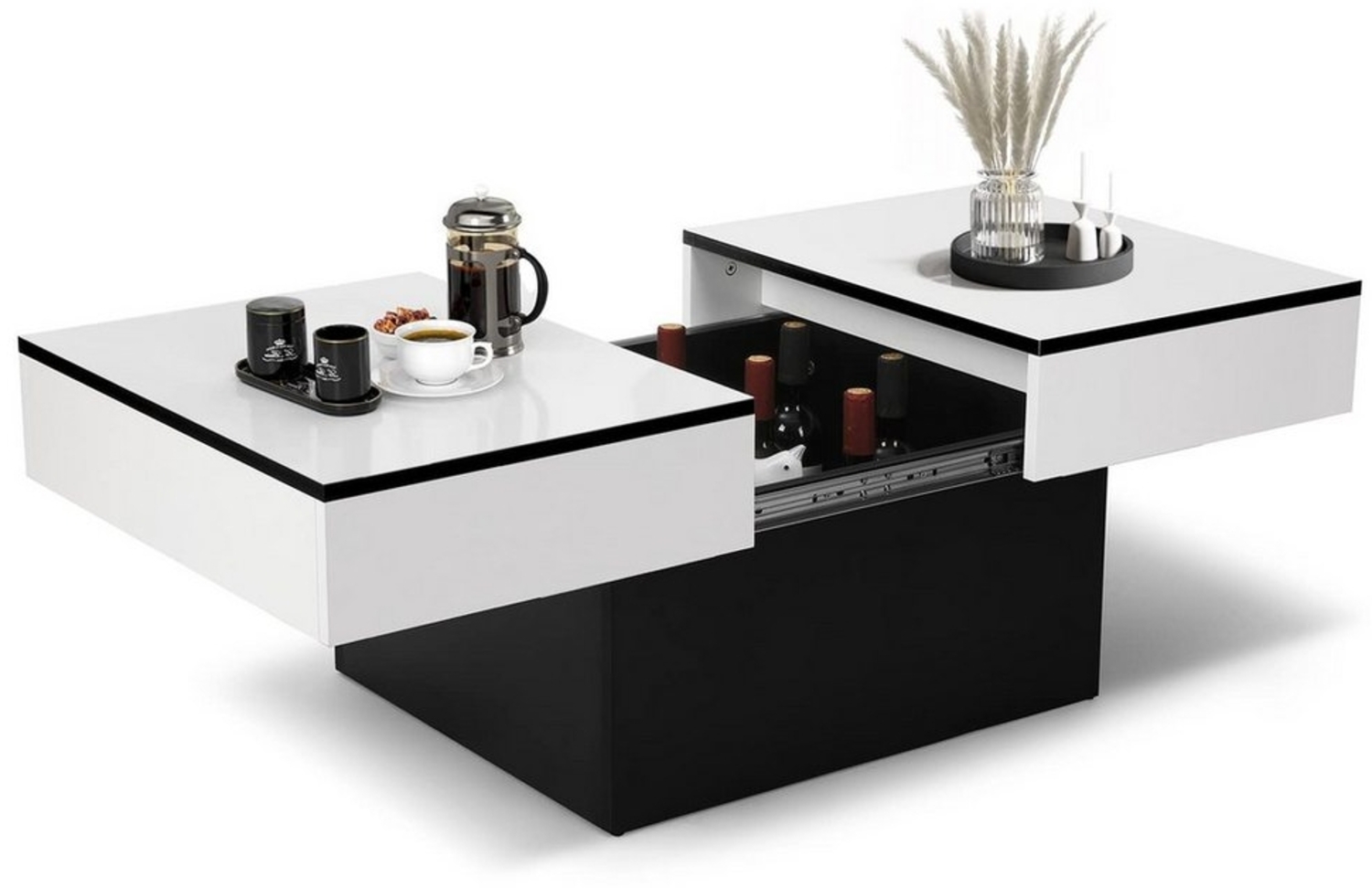 VOWNER Couchtisch Hochglanz-Sofatisch mit 2 Stauräumen, Beistelltisch, Wohnzimmertisch, mit Schiebefunktion, modern und ausziehbar Bild 1
