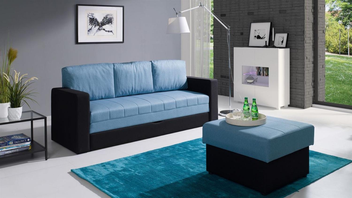 Sofa Schlafsofa LABRI 3-Sitzer inkl. Hocker Schwarz/ Hellblau Bild 1