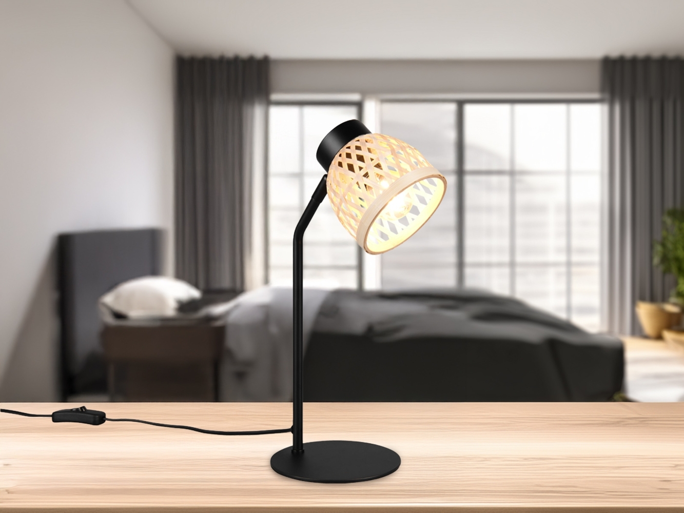 LED Schreibtischleuchte mit Korb Lampenschirm aus Bambus, Höhe 36cm Bild 1