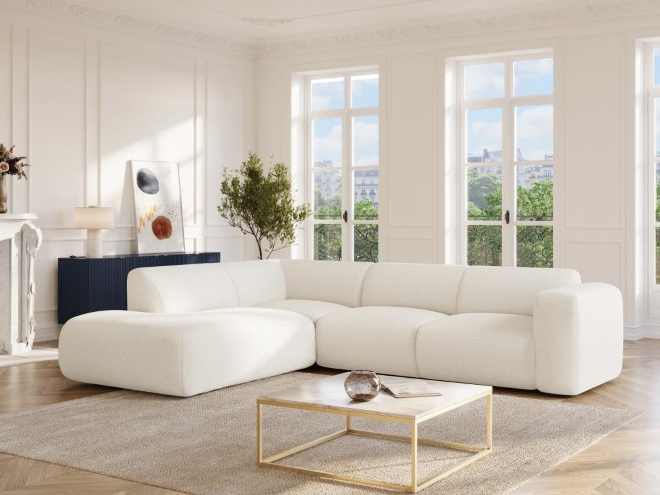 Vente-unique - Großes Ecksofa mit Recamiere mit Rückenlehne - Ecke links - Bouclé-Stoff - Weiß - POGNI von Maison Céphy Bild 1