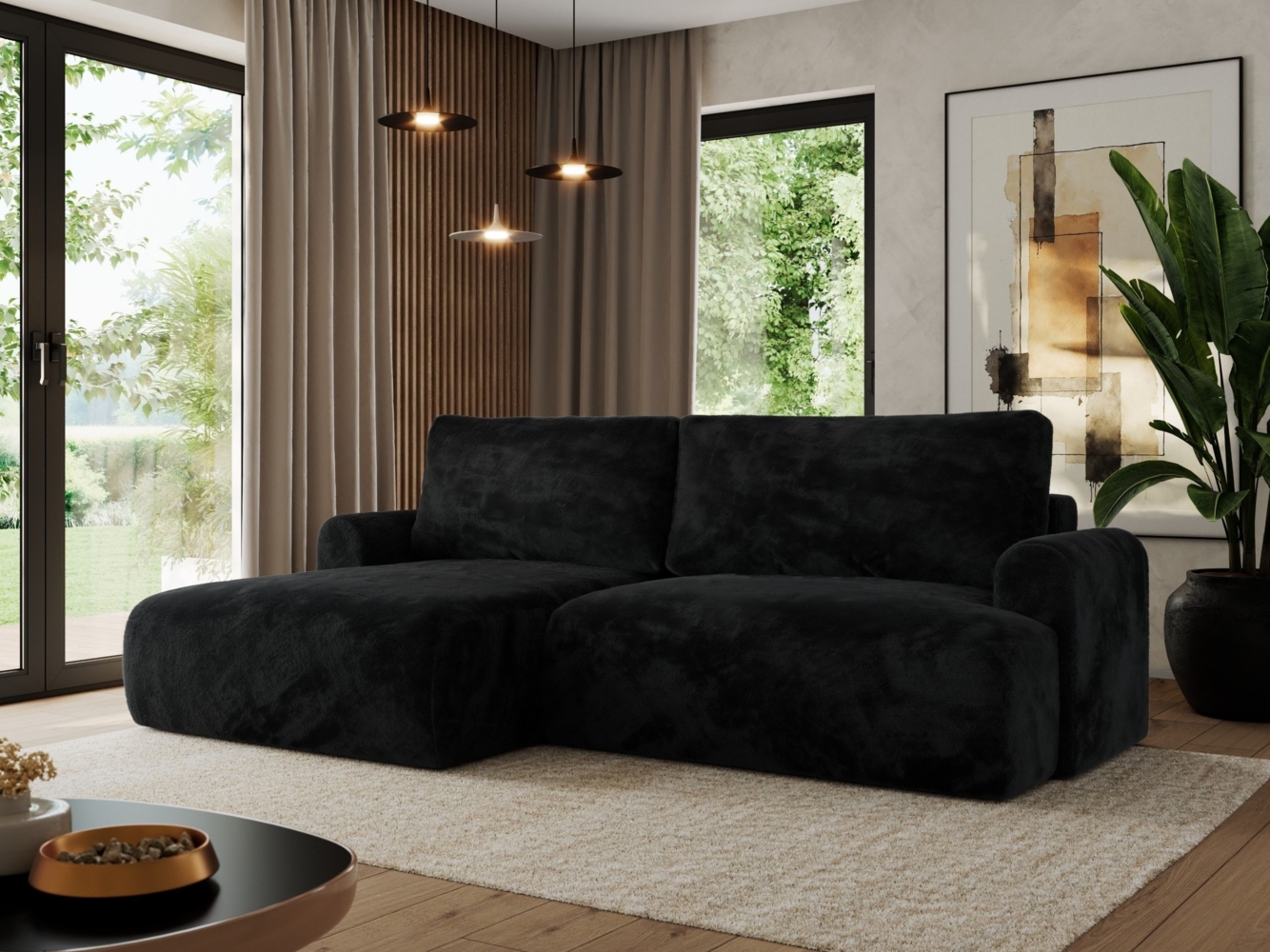 L-förmiges Ecksofa mit losen Kissen und Armlehnen für das Wohnzimmer, Ecksofa mit Schlaffunktion, Bettkästen - TONO - Schwarz Plüschstoff - linke Seite Bild 1
