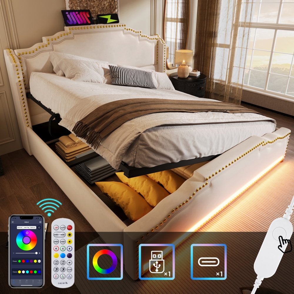 Merax Polsterbett 140x200, Doppelbett mit hydraulischem Stauraum, LED-Beleuchtung und USB-C-Ladeanschluss, Stauraumbett und Jugendbett mit Lattenrost, Samt, Beige, ohne Matratze Bild 1