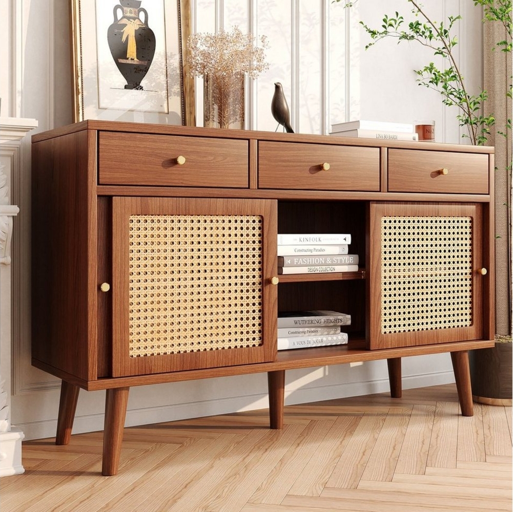 Celya Sideboard Kommode mit 3 Schubladen und 3 Schiebetüren, Rattangeflecht auf den Türfronten Bild 1