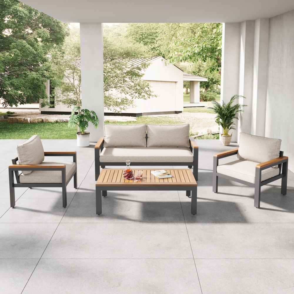 Merax Loungeset, Gartenmöbel-Set mit Rahmen aus verzinktem Stahl, (breites Set, 4-teiliges Esstisch-Set, 1x 2-Sitzer-Sofa, 2x Einzelstühle, 1x Tisch), Akazienholz Tischplatte und Armlehnen, Beige Bild 1