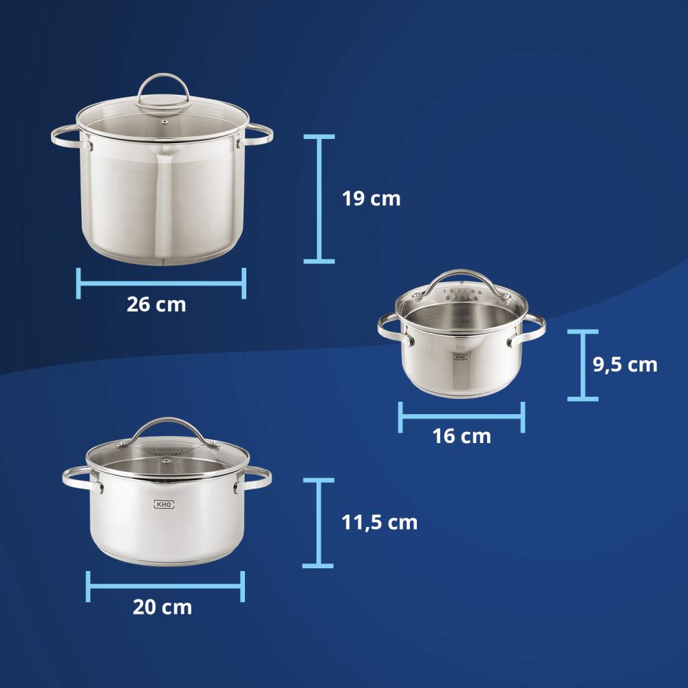 KHG 3er Set Kochtopf Suppentopf Soßentopf aus rostfreiem Edelstahl Induktion | 3-teilig 16 cm (1,25 L), 20 cm (3 L) und 26 cm (10 L) | Glasdeckel mit Sieb, Innenskala, Ausguss Bild 1