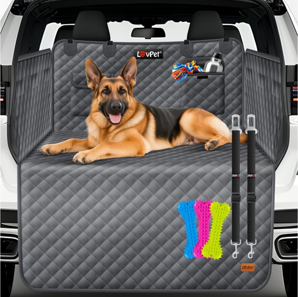 LOVPET® Kofferraumschutz Hund gesteppt mit Seiten- und Ladekantenschutz | Universale Kofferraum-Schutzmatte für Hunde | Hundedecke Wasserabweisend & Kratzfest mit Sicherheitsgurt und Zubehör Anthrazit Bild 1