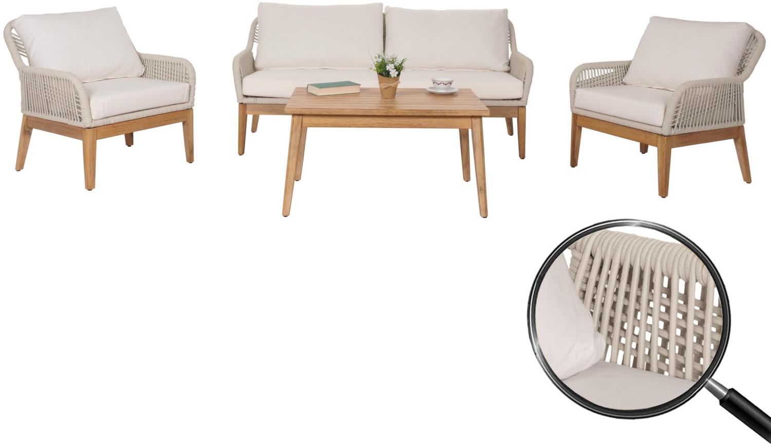 Gartengarnitur HWC-H56b, Lounge-Set Gartenlounge Sofa Sessel Tisch, Seilgeflecht Rope Holz Akazie ~ creme Bild 1