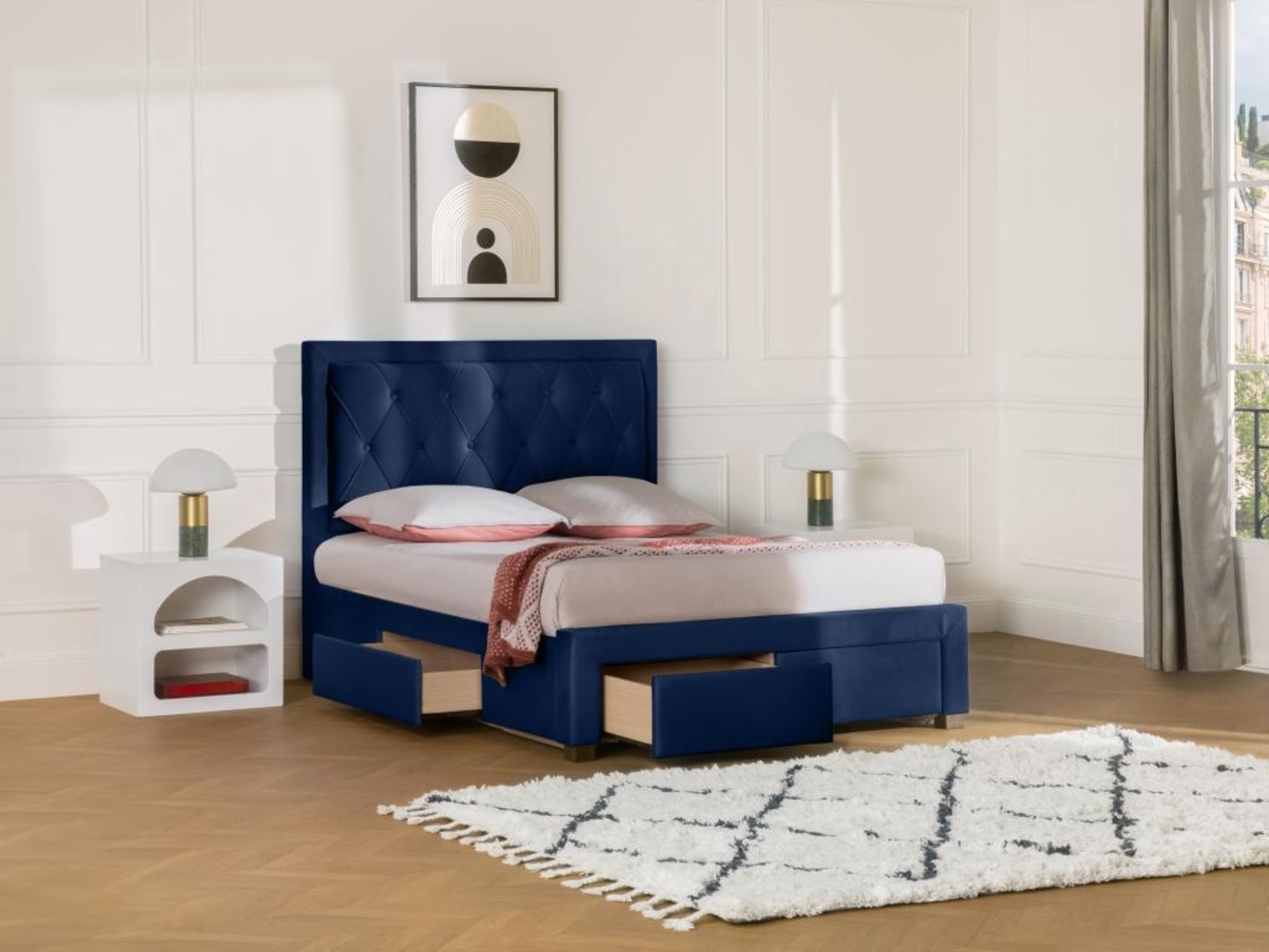 Vente-unique - Polsterbett mit Schubladen + Matratze - 180 x 200 cm - Samt - Blau - LEOPOLD Bild 1
