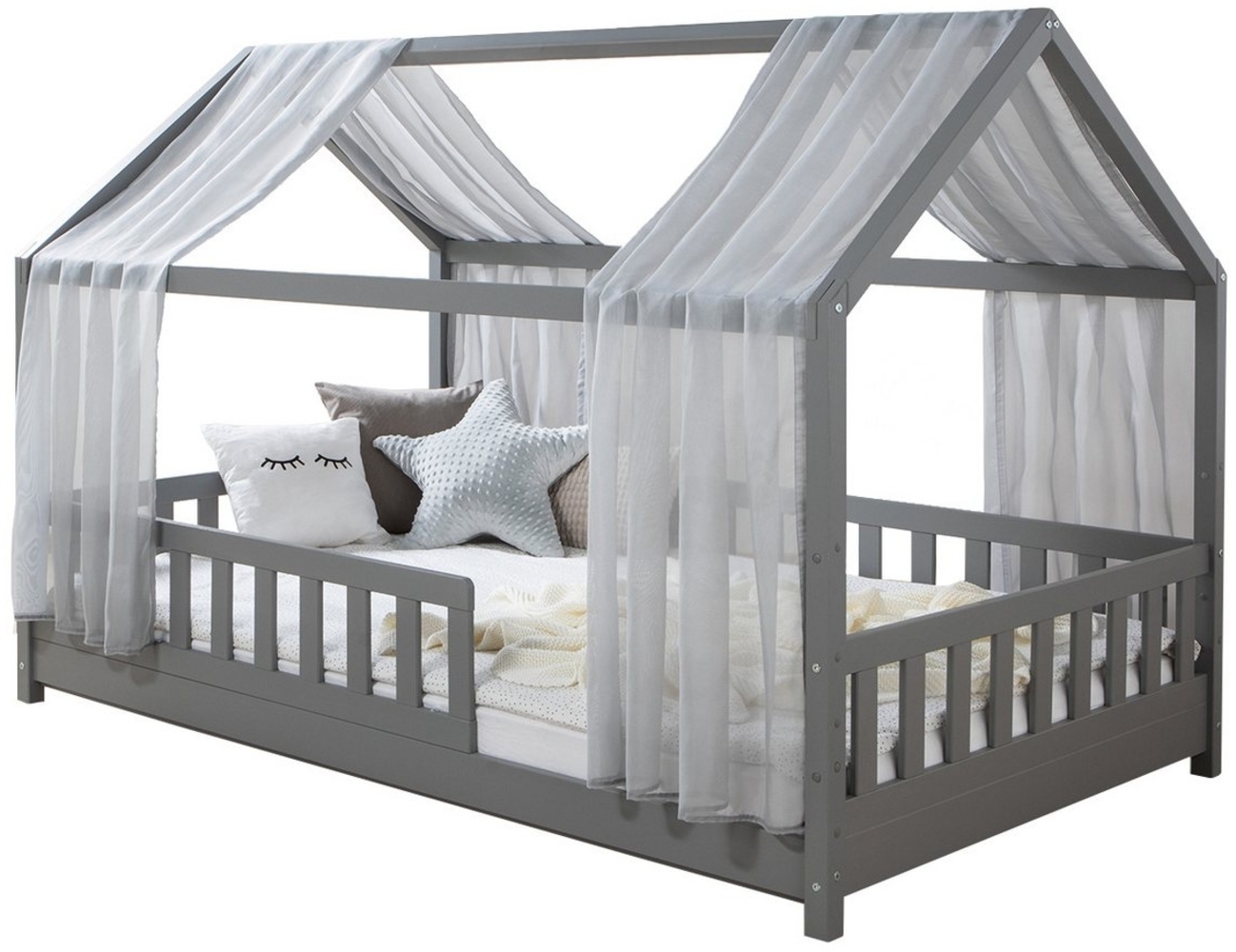 Ticaa Hausbett Kim mit Rausfallschutz aus Kiefer, Kinderbett 100x200, inkl. Tüll-Set, mit Rollrost, mit Matratze Bild 1