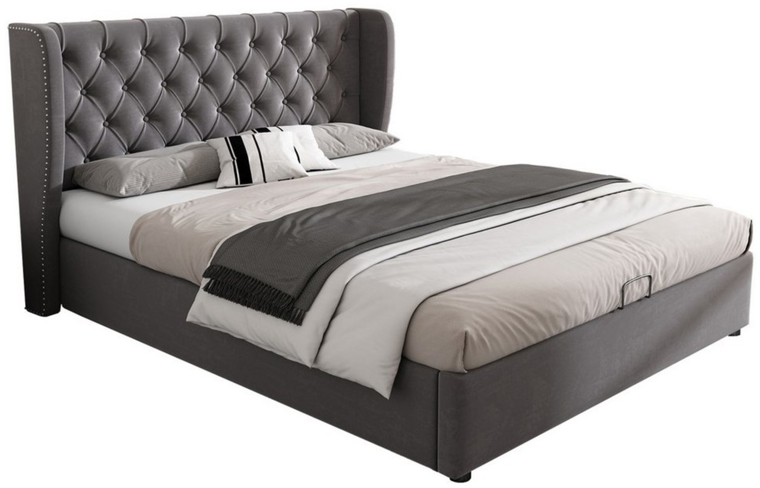 OKWISH Polsterbett Doppelbett Stauraumbett (Bettunterseite ist mit schmutzabweisenden schwarzen Vliesstoff, Grau), Kiefernholz Flanell 140*200cm,Inklusive Matratze Bild 1