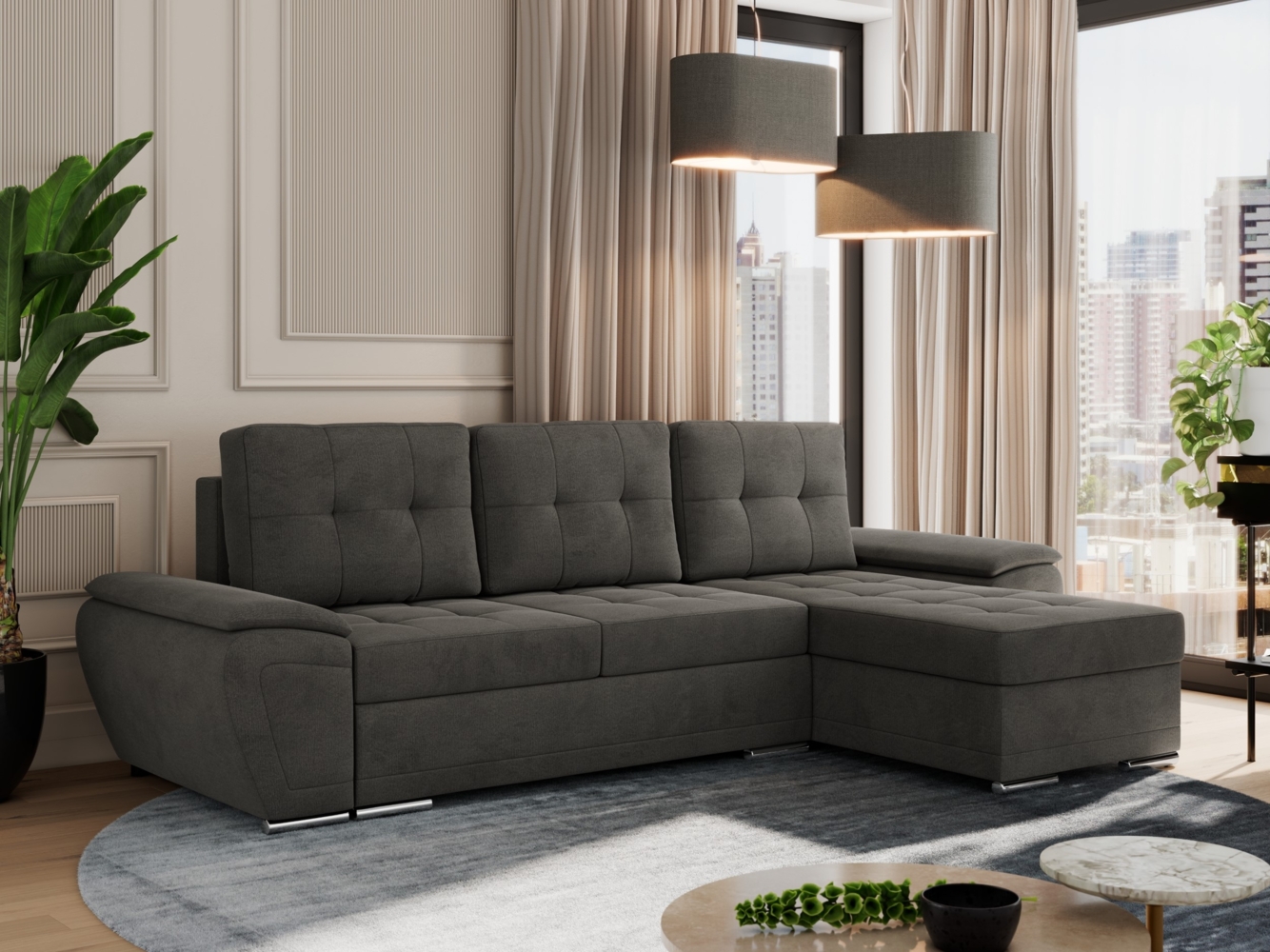 Universelles Ecksofa mit Schlaffunktion, Bettkasten und losen Kissen, gesteppte Sitzfläche - UMBRIA - Dunkelgrau Velvet Bild 1