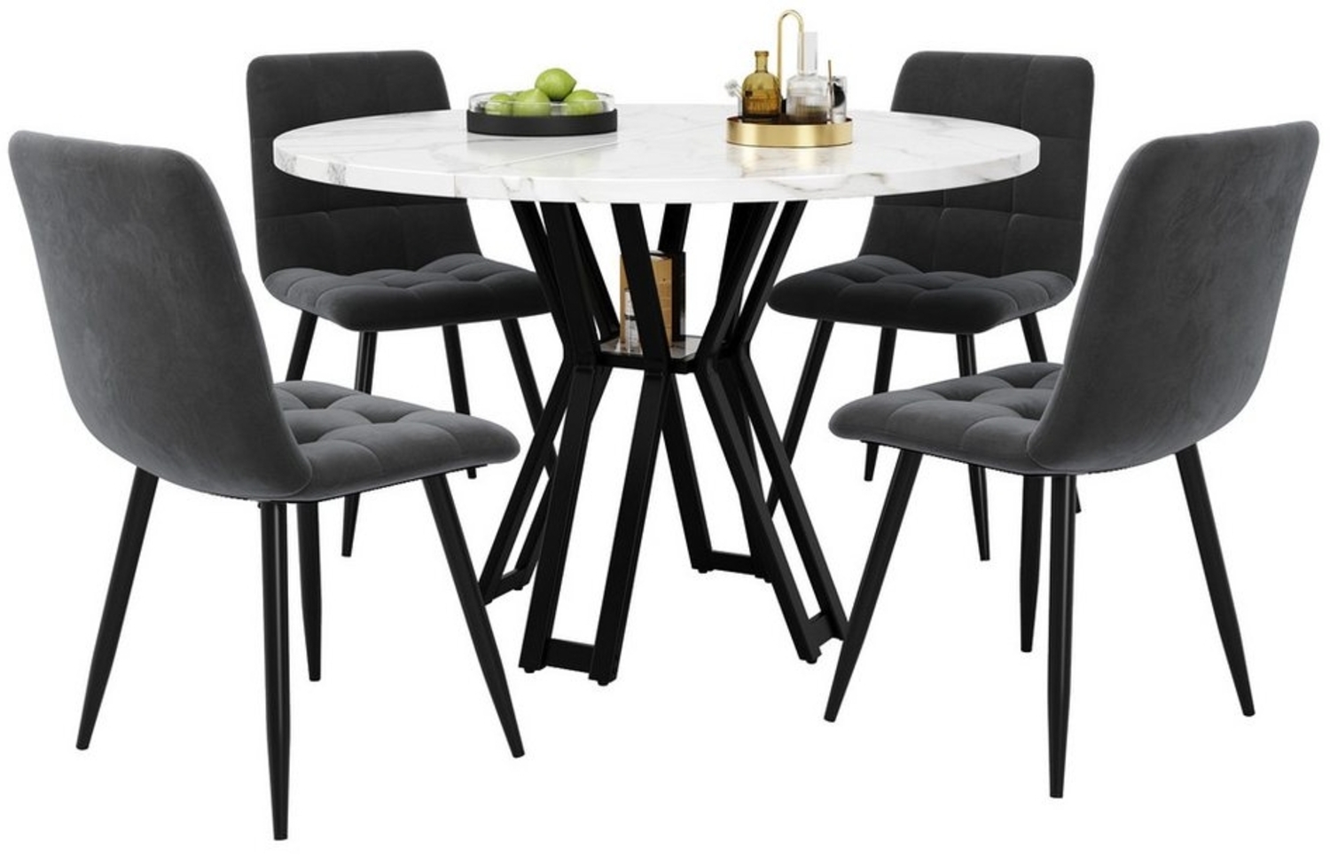 MODFU Essgruppe Esstisch mit 4 Stühlen, (Modernes 5-teiliges Esstisch-Set, runder 100 cm Tisch, goldene Metallbeine, marmorierte Tischplatte, 5-tlg) Bild 1