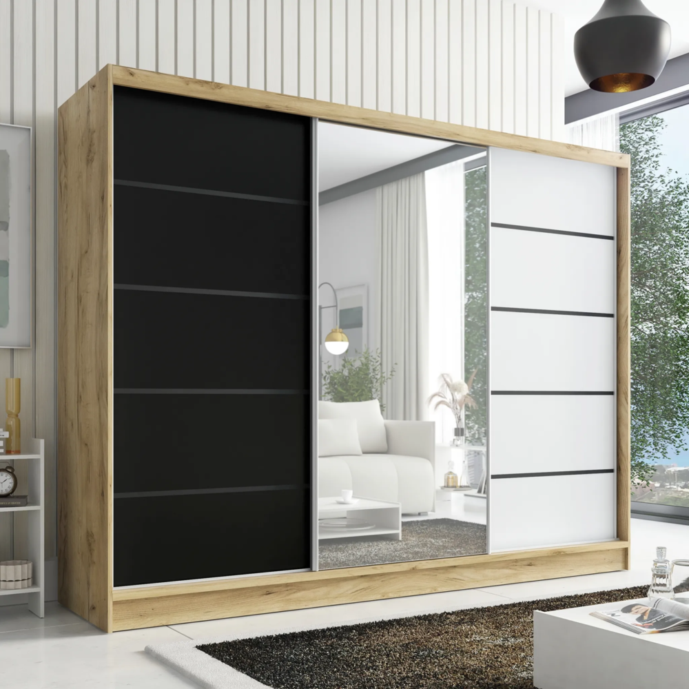 Schwebetürenschrank, 3-türig Schrank 200 cm mit Spiegel AURELIA 2. Farbe: Eiche Kraft gold, schwarz, weiß Bild 1