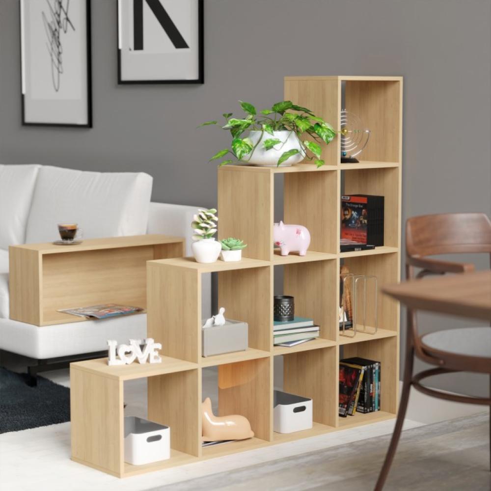 MIADOMODO® Treppenregal - Sonoma, 10 Fächer, 129,5x29x129,5 cm, für Wohnzimmer, Stabil, Offen, Freistehend, Indoor, aus MDF-Platte - Stufenregal, Raumteiler Regal, Bücherregal, Standregal Bild 1