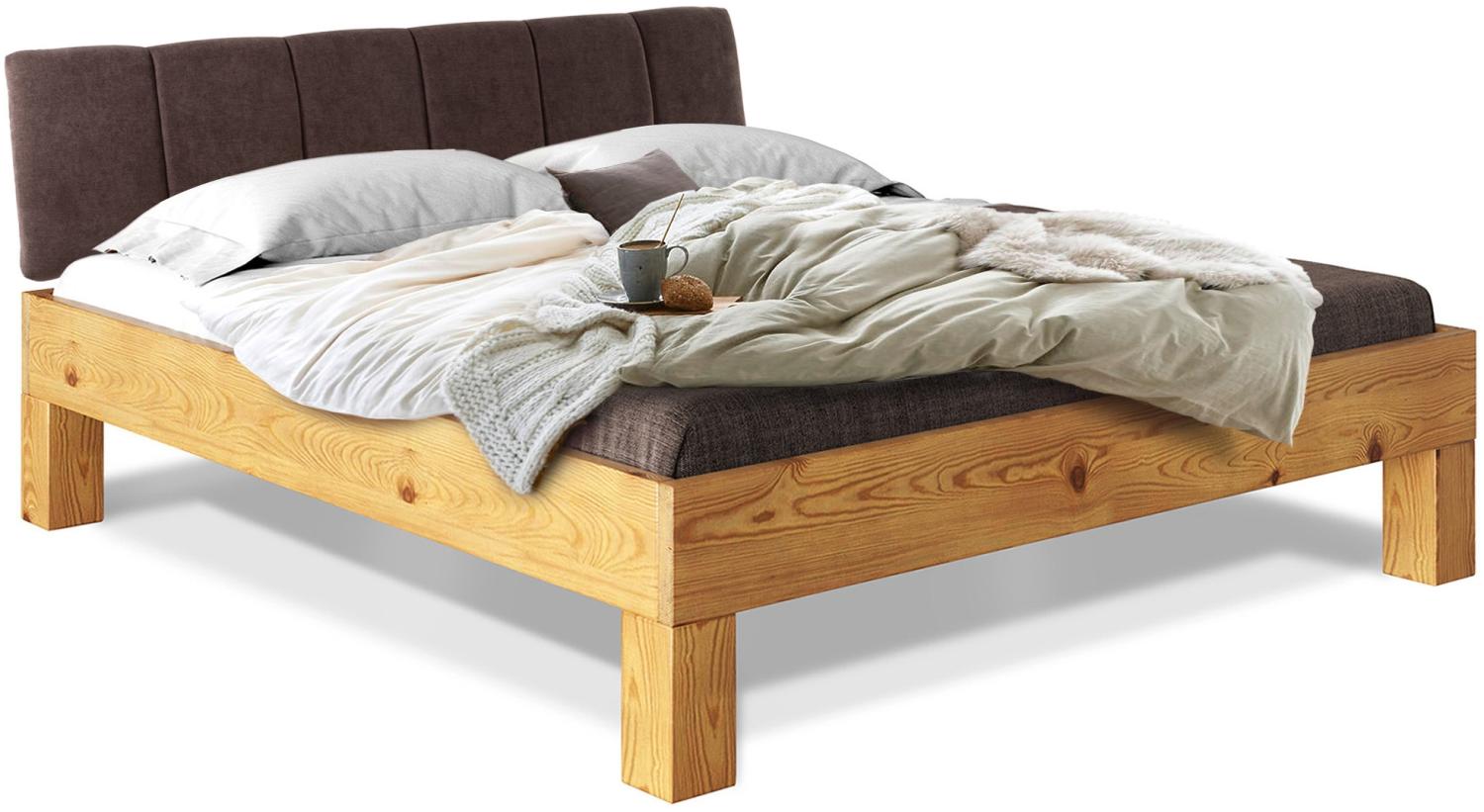 Möbel-Eins CURBY 4-Fuß-Bett mit Polster-Kopfteil, Material Massivholz, rustikale Altholzoptik, Fichte natur 90 x 200 cm Standardhöhe Stoff Braun mit Steppung Bild 1