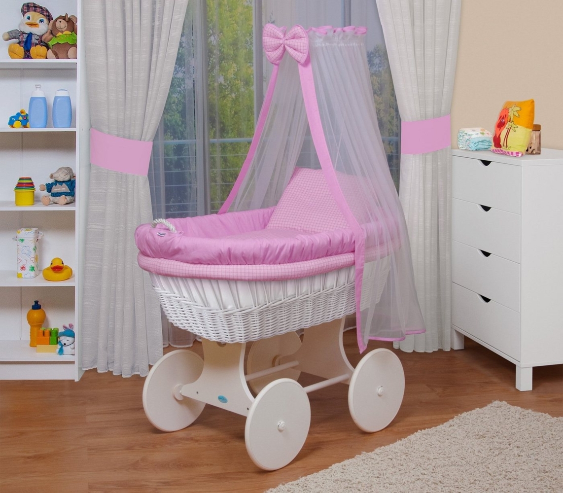 WALDIN Baby Stubenwagen-Set mit Ausstattung, Gestell/Räder weiß lackiert, Ausstattung rosa kariert Bild 1