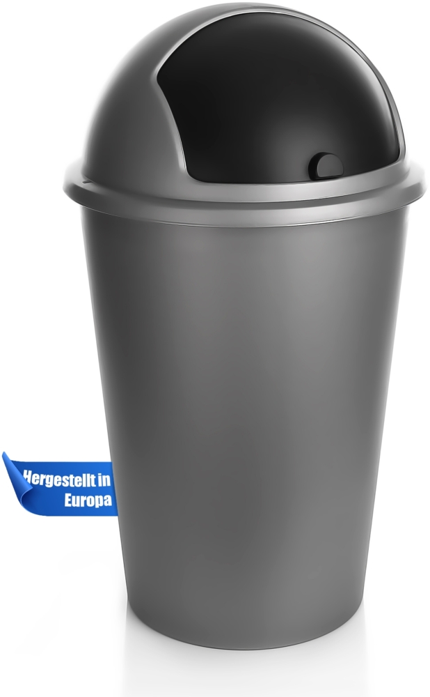 BigDean Abfalleimer grau 50 L mit schwarzem Schiebedeckel Ø 25cm x H 68cm – Mülleimer groß aus Kunststoff für die Küche oder das Büro – Müllbehälter geruchsdicht mit rundem Deckel – Made in Europe Bild 1