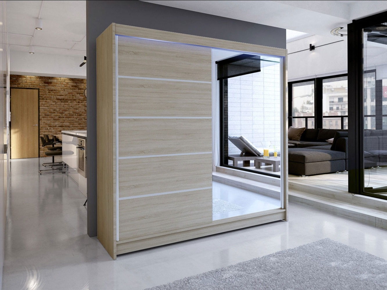 Kleiderschrank Talin III, mit RGB LED Beleuchtung, Farbe: Sonoma Eiche Bild 1