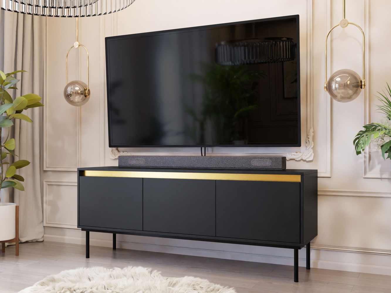 TV-Lowboard Carmesi 3D mit 3 Klappen, Untergestell aus Metall (Farbe: Schwarz / Schwarz + Gold) Bild 1