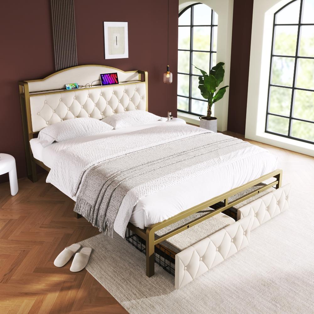 Merax Polsterbett mit USB Typ C Ladefunktion und Schubladen, Doppelbett 180 x 200 Stauraumbetten mit Lattenrost aus Metallrahmen, HellBeige Bild 1