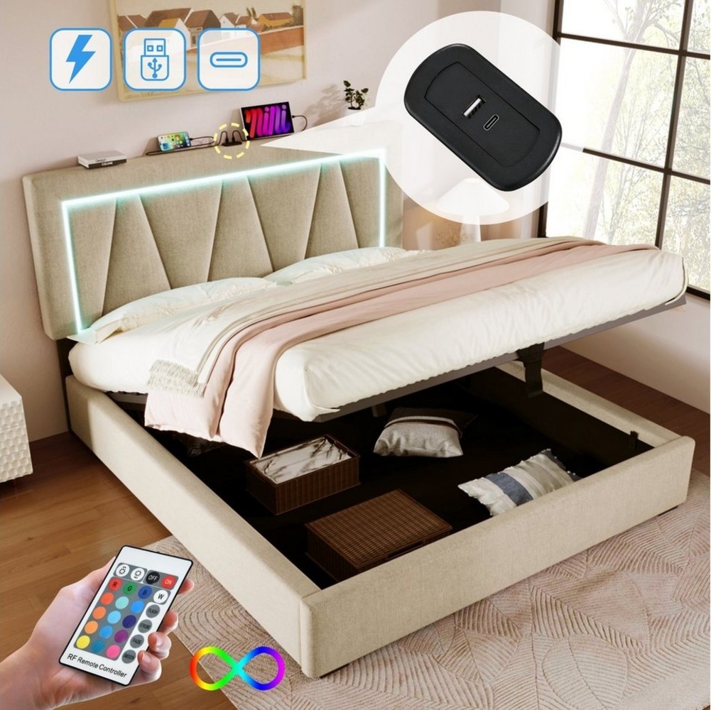 Flieks Polsterbett, LED Doppelbett Stauraumbett + USB/Typ-C Ladefunktion 140x200cm Leinen Bild 1