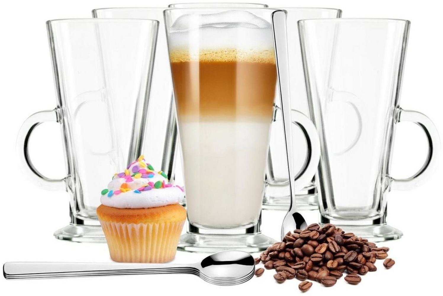 6 Latte Macchiato Gläser 280ml mit Henkel und 6 Löffel, Tee-/ Kaffeegläser Bild 1