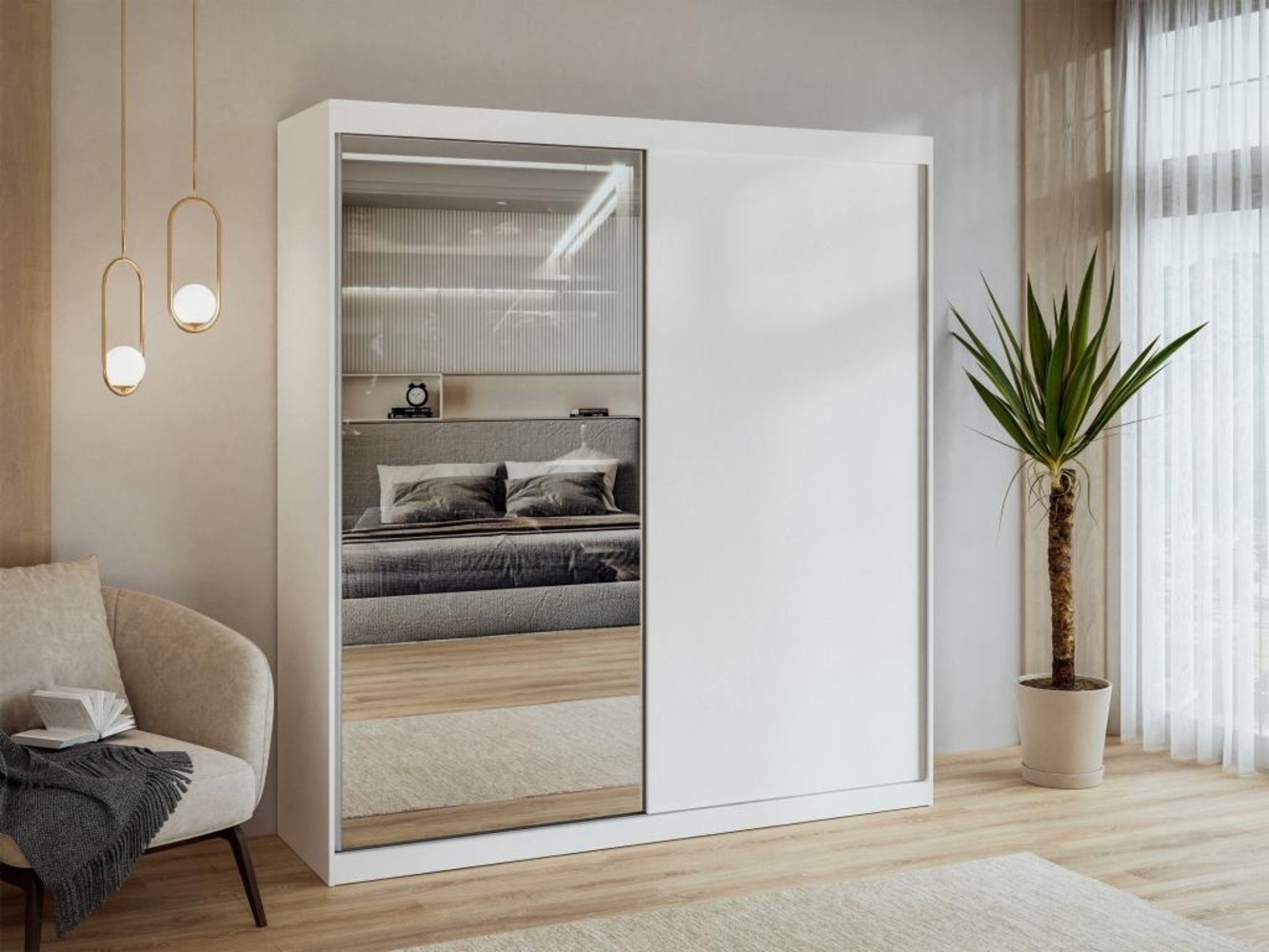 Vente-unique - Kleiderschrank mit 2 Schiebetüren - Mit Spiegel - 200 cm - Weiß - OCHIRA Bild 1