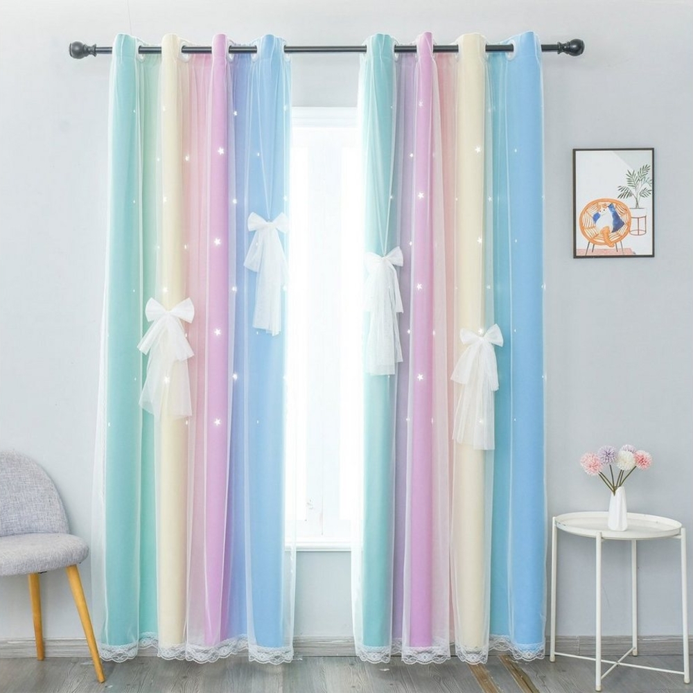 Rosnek Gardine Doppellagige, Ausgehöhlte Sterne, Tüll, Öse, für Kinderzimmer, Schlaufe (2 St), blickdicht, H×B:160×130,215×130,243×130 Bild 1