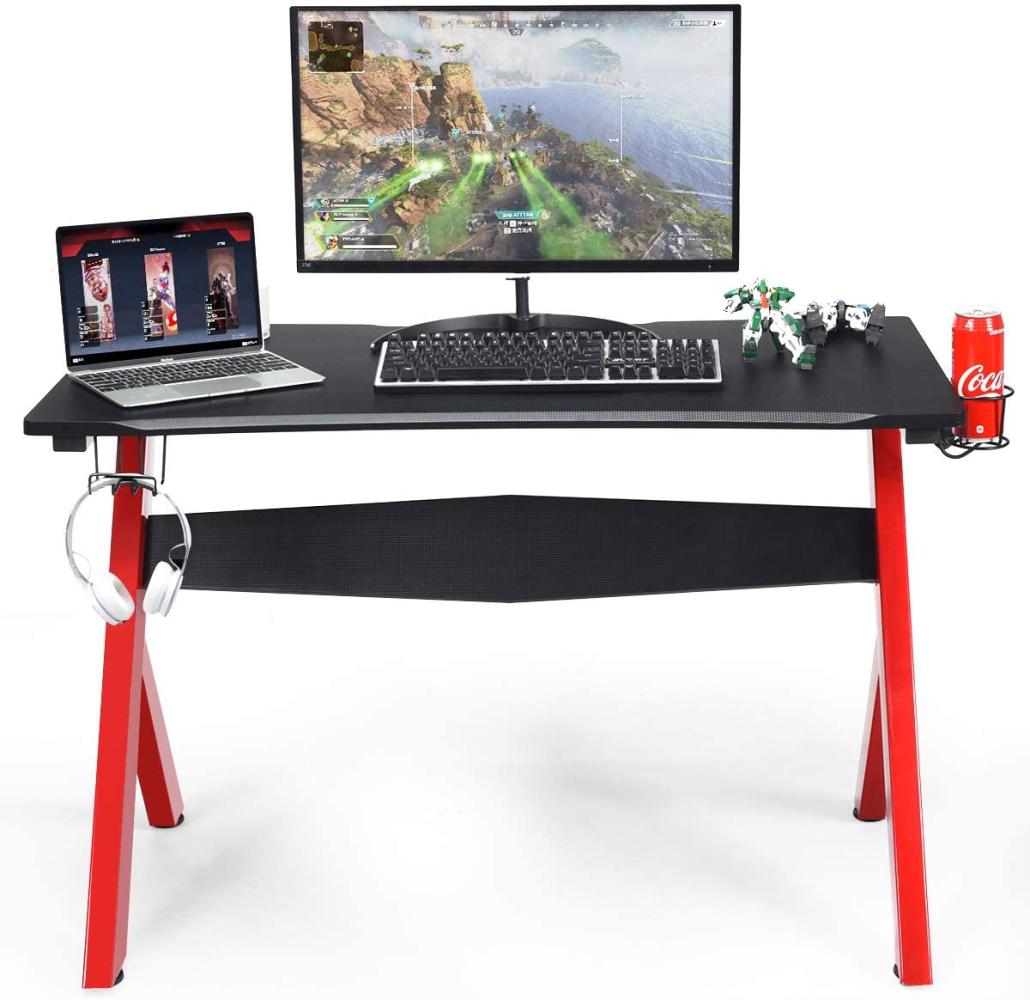 COSTWAY Gamingtisch Computertisch, Gaming Schreibtisch mit Tassen- und Kopfh?rerhalter und Mauspad, Laptoptisch mit R-f?rmigem Stahlgestell, PC Tisch für Zuhause Büro Spielzimmer Bild 1