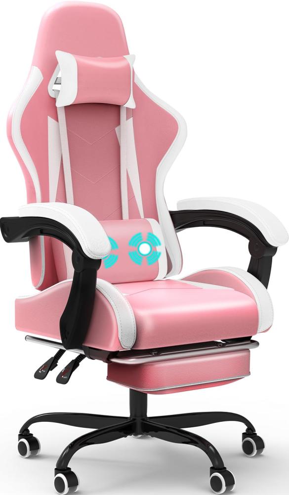 Devoko Massage Gaming Stuhl, Computer Bürostuhl mit Fußstütze, Racing Gamer Stuhl 150kg Belastbarkeit, 90-135° Rückenlehne einstellbar Ergonomischer PC Stuhl, 360° drehbar, Rosa Bild 1