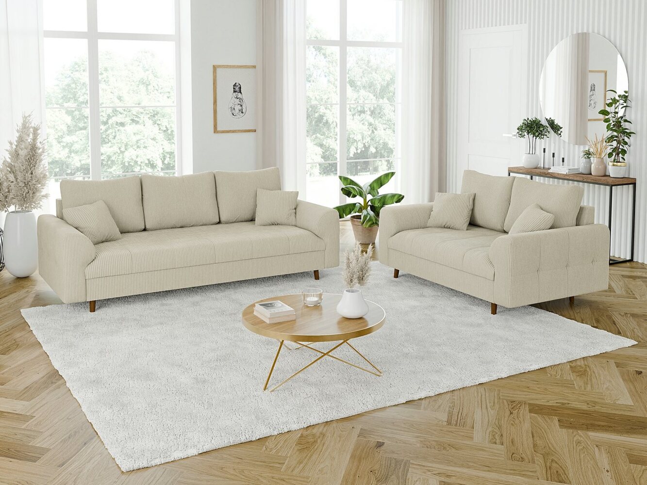 S-Style Möbel Polstergarnitur 3+2 Zara mit Braun Holzfüßen im skandinavischen Stil aus Cord-Stoff, (1x 2-Sitzer-Sofa, 1x 3-Sitzer-Sofa), mit Wellenfederung Bild 1