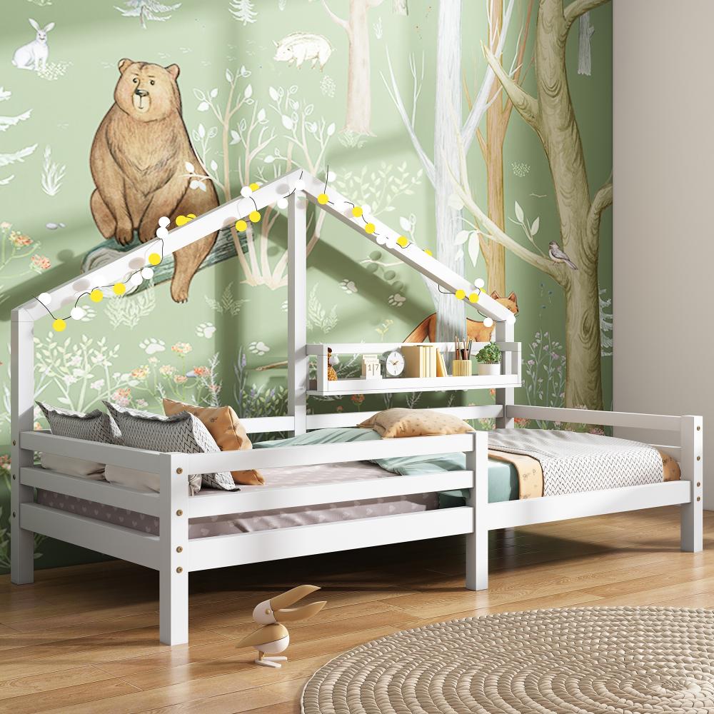 Merax Hausbett Kinderbett mit Ablageregal Kaminform 90x200cm, Weiß Bild 1