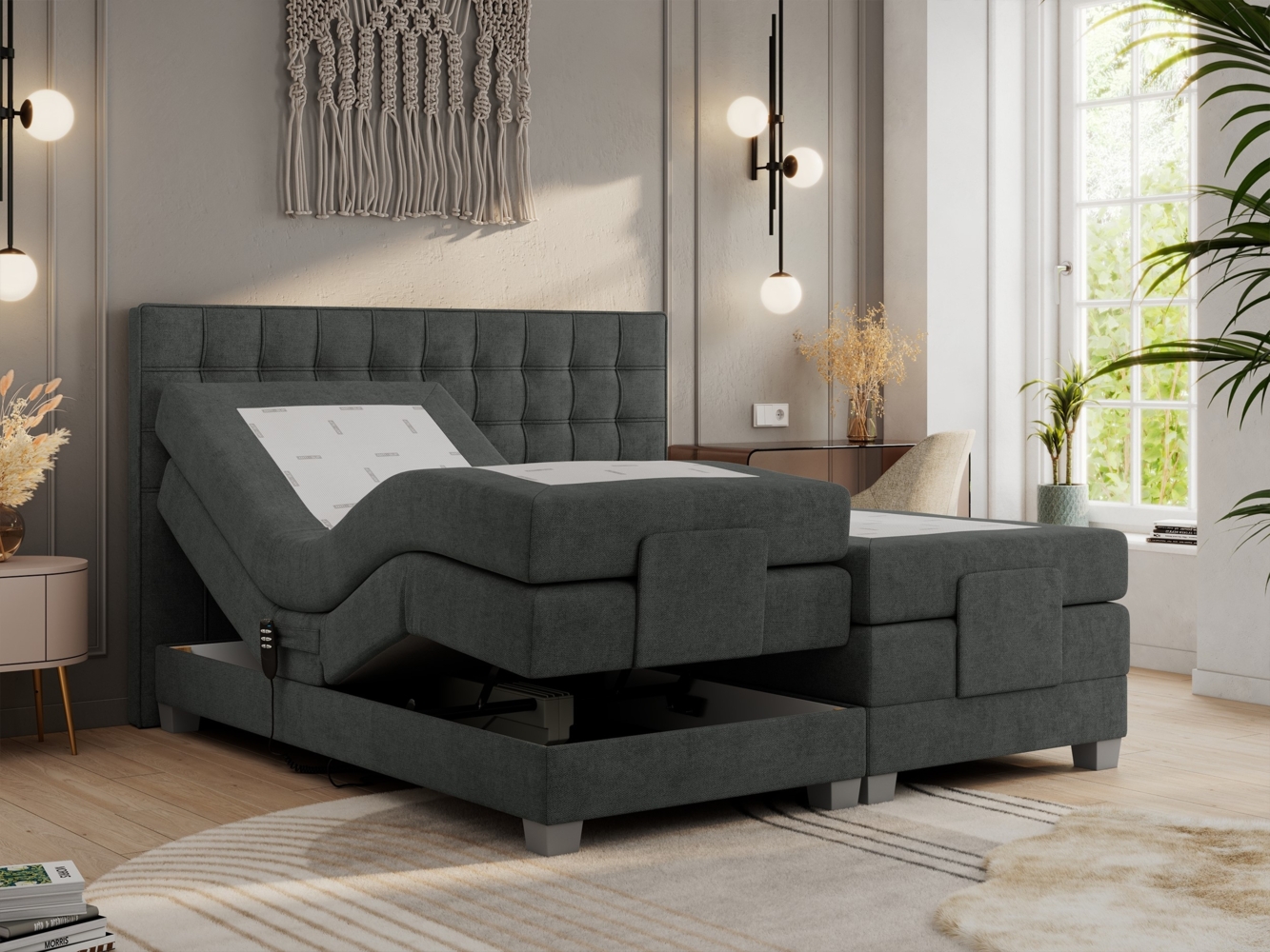 Boxspringbett elektrisch verstellbar, Schlafzimmerbett, Bettkasten - ELEKTRO - 140 x 200 cm - Dunkelgrau Stoff - H3 Bild 1