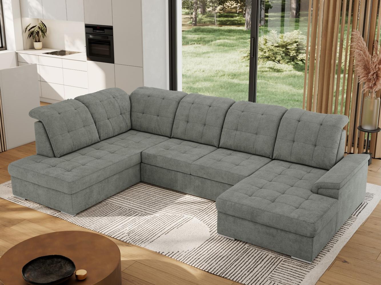 Ecksofa, Wohnzimmer U Couch, Polstersofa mit Bettkasten - MADRITO U - Grau Struktur - Links Bild 1