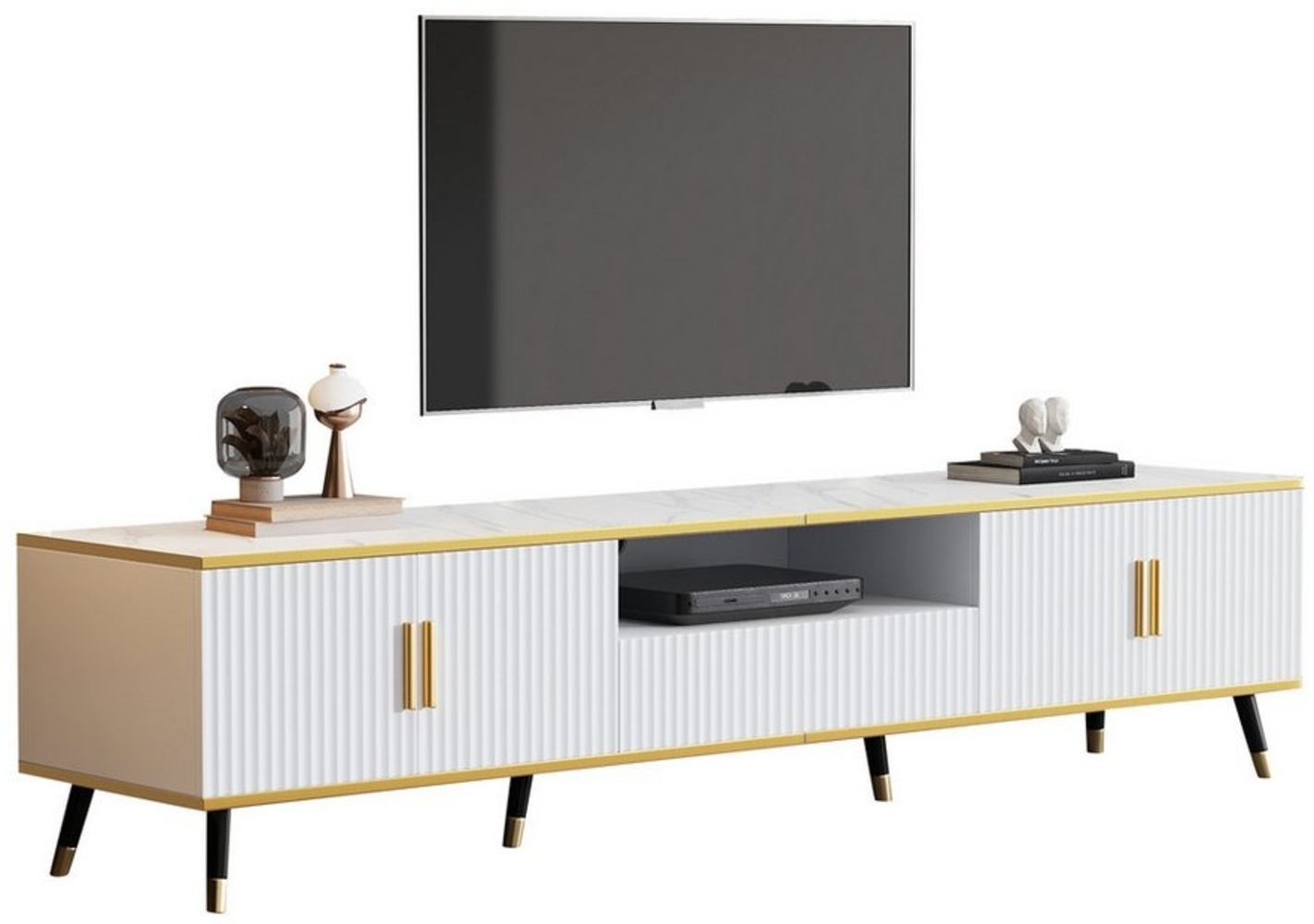 HAUSS SPOLE TV-Schrank 200 x 40 x 46 cm Lowboard mit 3 Schubladen für Fernseher bis 90 Zoll Weiß (TV-Schrank, TV-Board, TV-Kommode, Fernsehtisch, 1-St, 3 Schubladen, 4 Türen, 1 Kabelmanagement) Für Fernseher bis 90 Zoll Bild 1