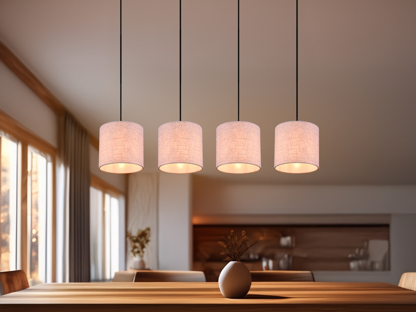 TRIO Leuchten LED Pendelleuchte, LED wechselbar, Warmweiß, Esstisch-lampen Holz-balken skandinavisch Lampenschirme Stoff, B 100cm Bild 1