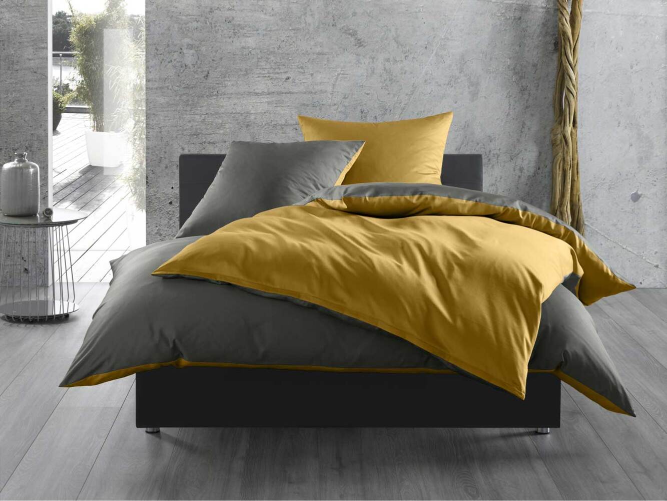 Mako Satin Wende Bettwäsche stahlgrau gold 200x220 + 2x 80x80 Bild 1