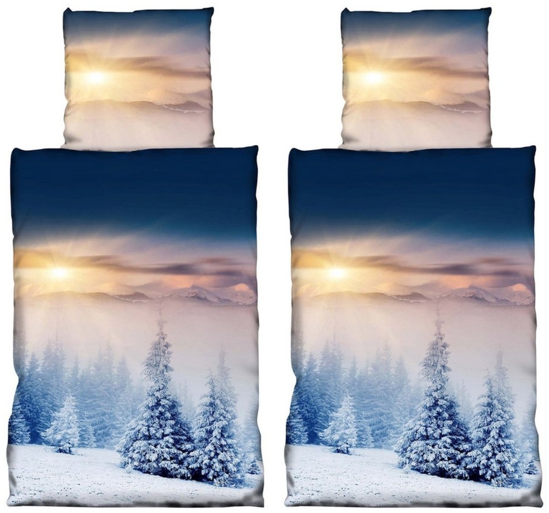 Buymax Bettwäsche Fleece Bettbezug-Set warme Winterbettwäsche, Fleece, 4 teilig, 135x200 cm, Weihnachten Wintermotiv, Schnee, Blau Bild 1