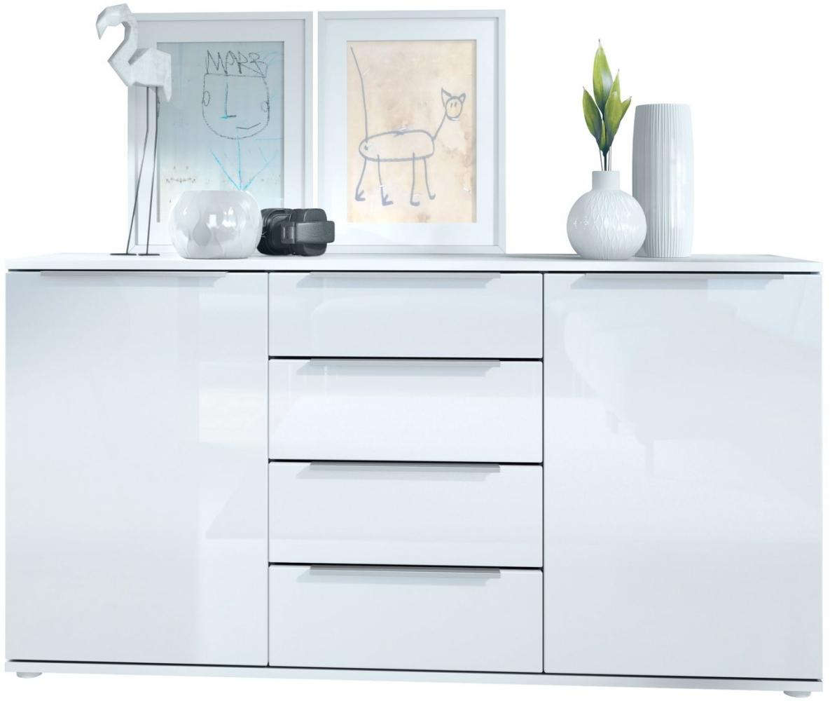 Vladon Sideboard Linio 139 x 72,5 x 35 cm Anrichte mit 2 Türen und 4 Schubladen, Korpus in Weiß matt, Fronten in Weiß Hochglanz Bild 1