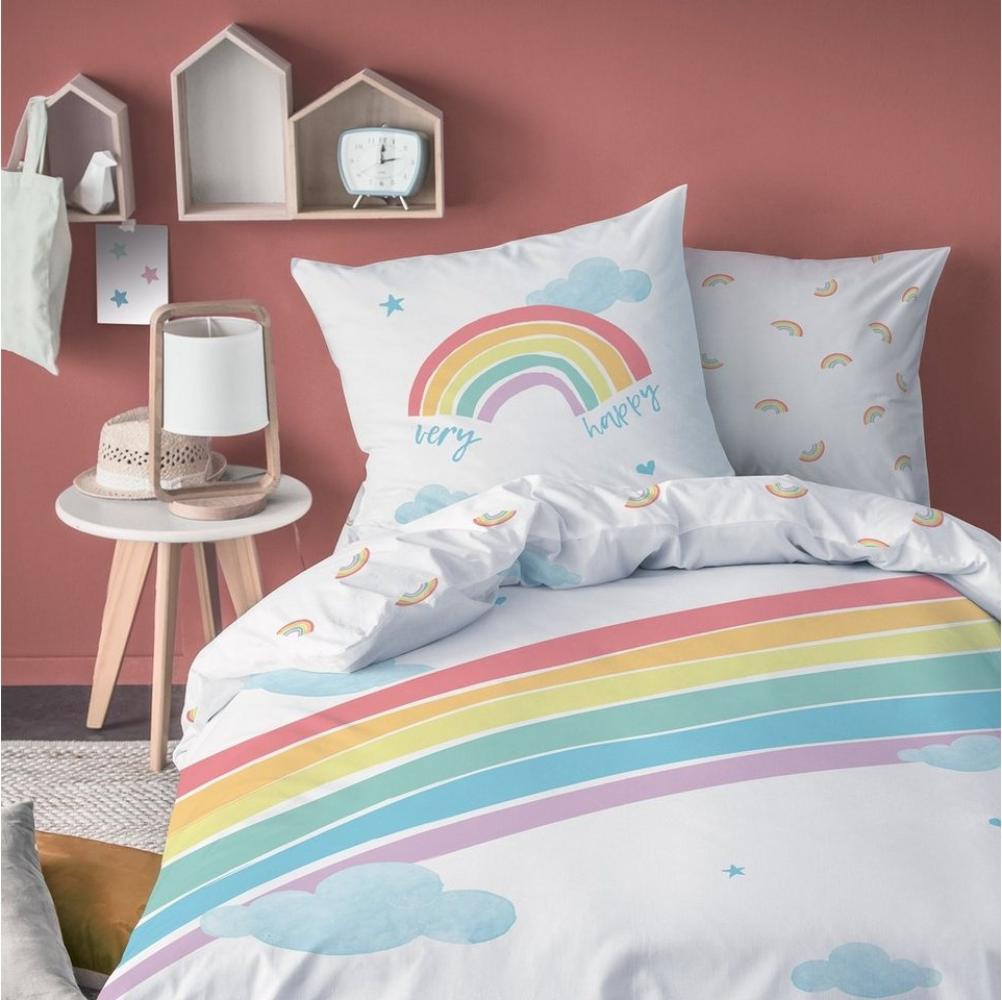 MTOnlinehandel Bettwäsche Regenbogen 135x200 + 80x80 cm, 100 % Baumwolle, Biber, 2 teilig, Happy Rainbow Kinderbettwäsche mit Wolken, Herzen & Sternen Bild 1