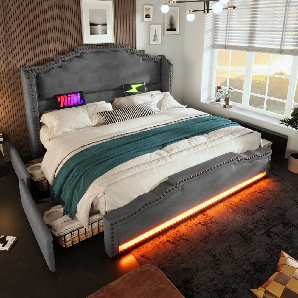 Merax Polsterbett 180×200, Doppelbett mit 4 Schubladen, LED-Beleuchtung und USB-C-Ladeanschluss, Stauraumbett und Jugendbett mit Lattenrost, Samt, Grau, ohne Matratze Bild 1