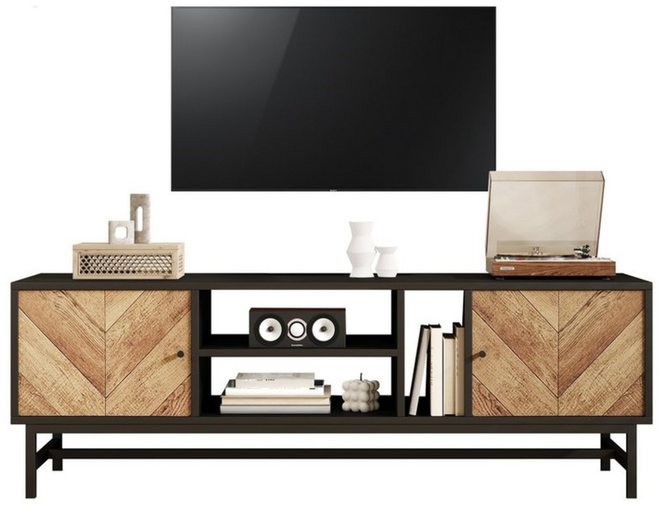 HAUSS SPOLE Lowboard mit vielseitigem Stauraum modernes und minimalistisches Design Schwarz (TV-Schrank Fernsehtisch,TV-Board,TV-Ständer, 1 St, 3 offene Fächer, 2 Türen), mit umgedrehten V-Form Holztür Bild 1