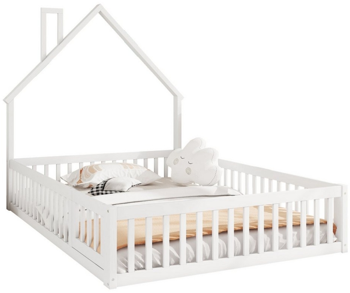 OKWISH Kinderbett Minimalistisches Hausbett für Kinder, Jugendbett Gästebett Doppelbett (mit Schornsteinform und Lattenrost, aus Kiefernholz, 140x200 cm), ohne Matratze Bild 1